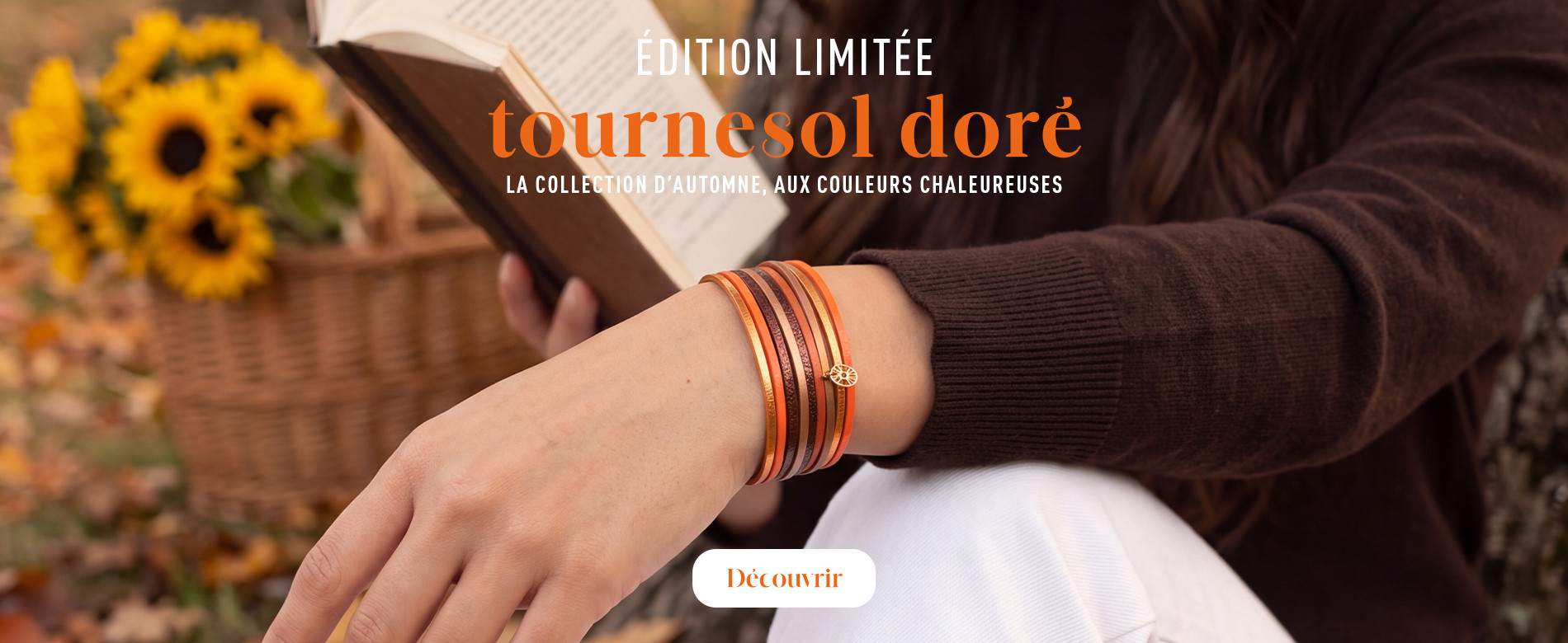 Découvrez Tournesol Doré, la collection automne signée Flowersforzoé : bracelets en cuir Golden Flame et Copper Gold, entre orange, doré et cuivré